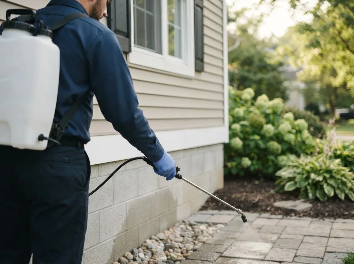 Pest control technician inspecting a home in Franklinville, NC